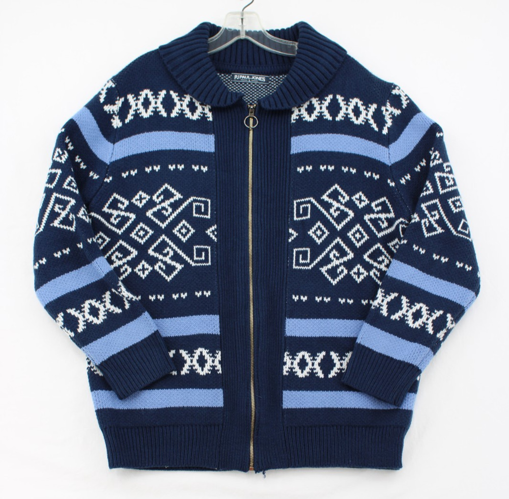 PJ Paul Jones Aztec Nordic Full Zip Sweater Mens Large Blue Knitted Grandpacore